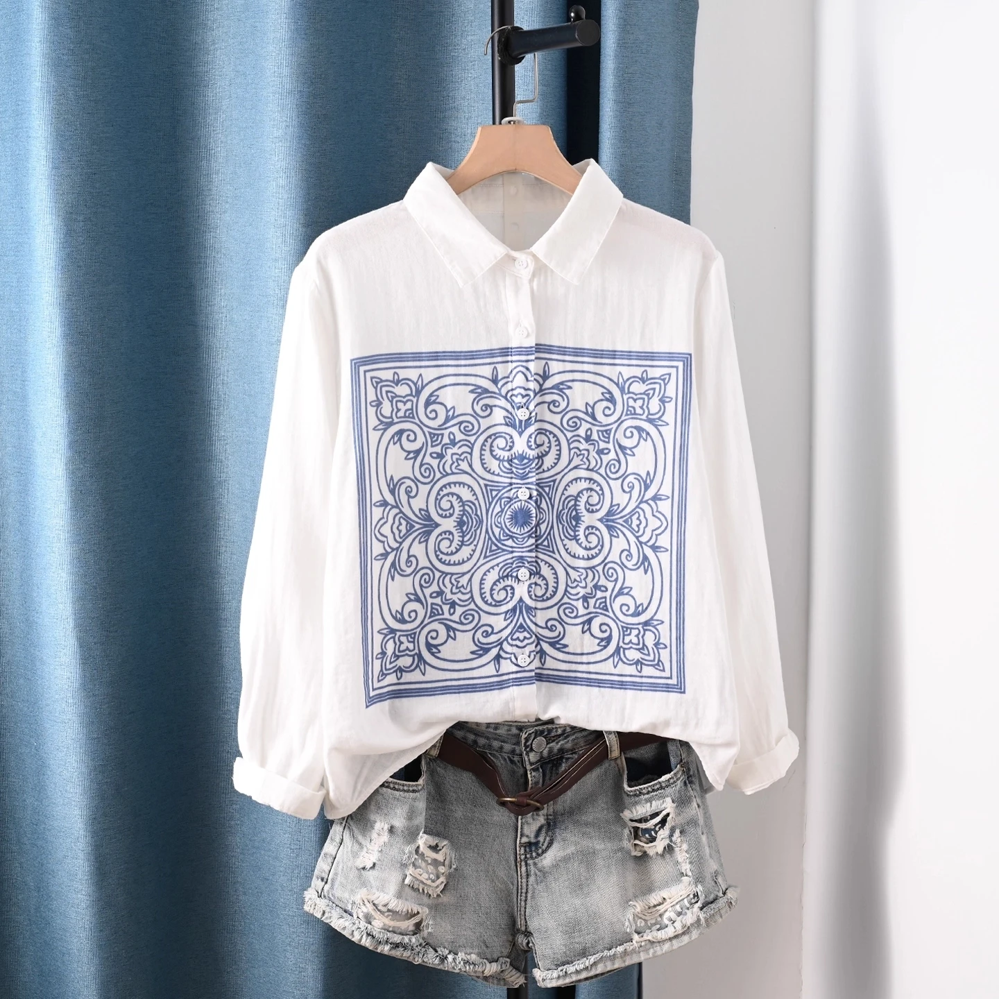 Enianechu Donna elegante Top Design originale Stampa blu Camicie bianche Camicette a maniche lunghe in cotone 100% Abbigliamento da donna di lusso