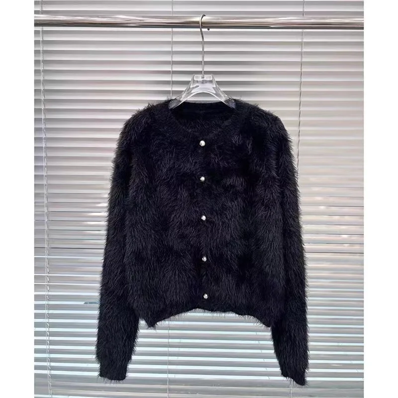 High Quality Black Mink Fur Cardigan Women's Autumn Winter New Style Loose And Slim Short Knitted Sweater Top