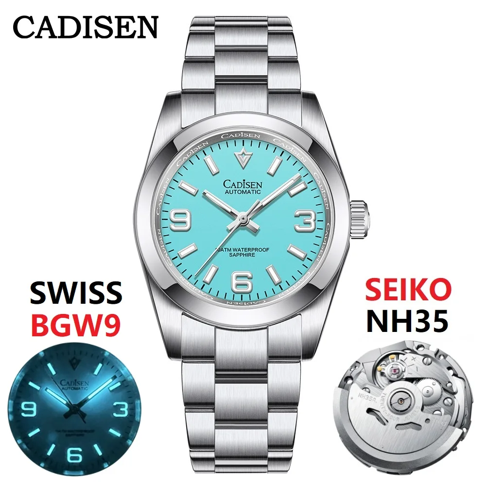 CADISEN 36MM New NH35 Men Mechanical Watch AR Sapphire Glass BGW9 Blue Luminous Automatic Watch For Men 100M Waterproof Watches