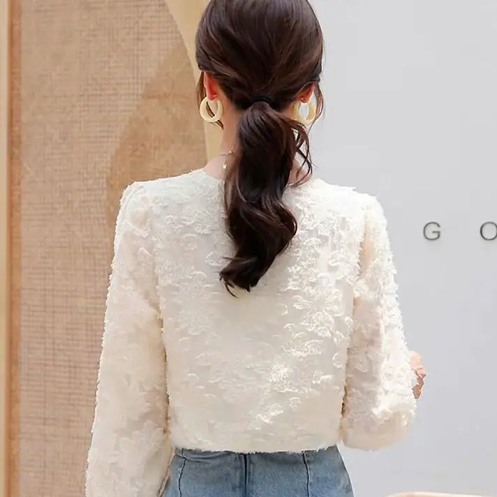 Elegant Sexy Button Lace Feather Solid T-shirt Spring Autumn 2023 Long Lantern Sleeve V-Neck Slim Pullover Tops Women\'s Clothing