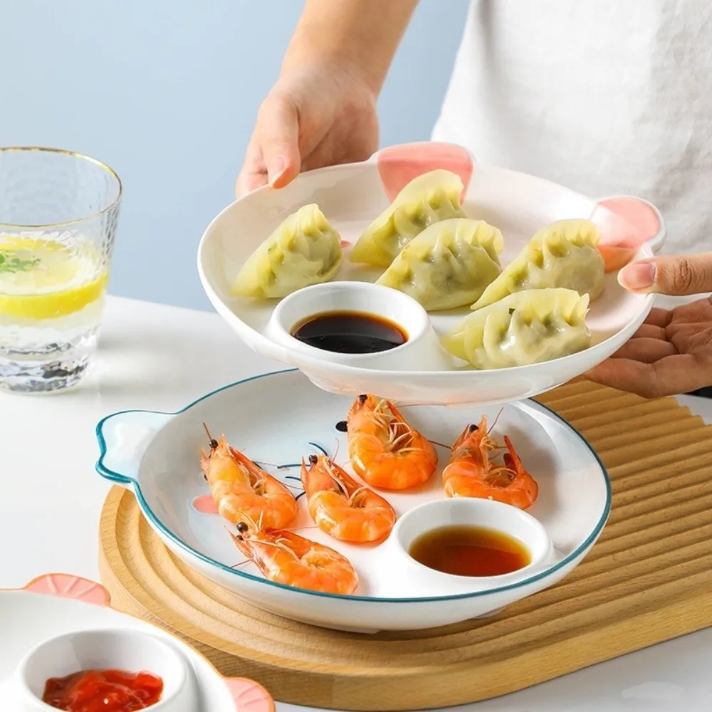 Ceramic Dipping Sauce Dish Japanese Style Animal Shape Grid Dumpling Plate Thicken Dipping Sauce Compartment Cow Sushi Plate