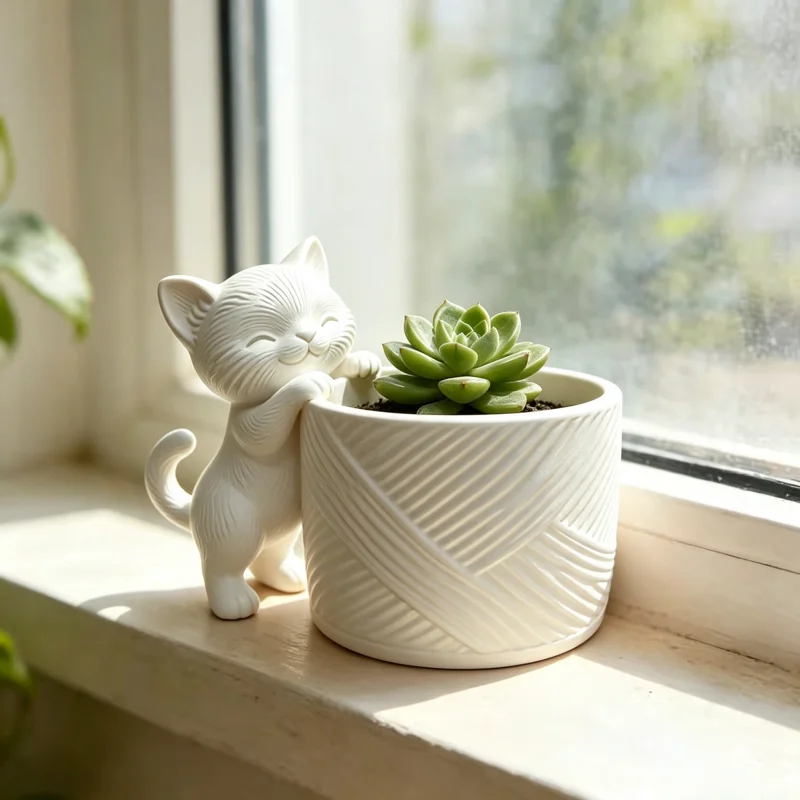 Curious Cat Planter Pot,Textured Storage Container,3D Printed Multi Purpose Tabletop Ornament For Succulents Small Items