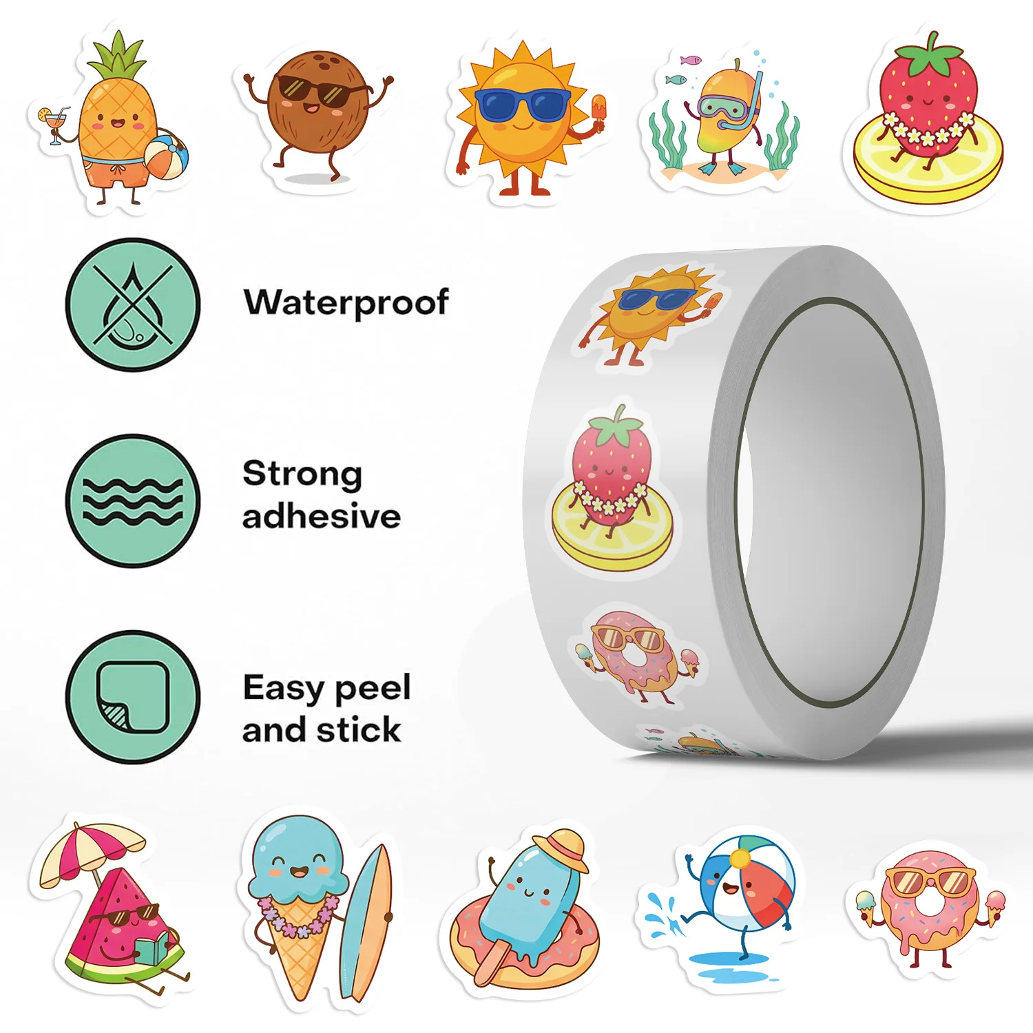 500 Pcs Cartoon Summer Beach English Sticker for Stationery Laptop Helmet Skateboard Journal Supplies DIY Decorative Gift
