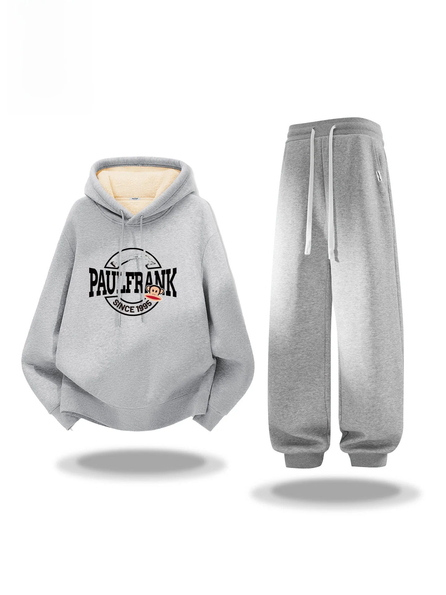 

Men's Winter Fce Lined Hoodie And Pants Two Piece Set Large Mouth Monkey Print Casual Sportswear Ensemble