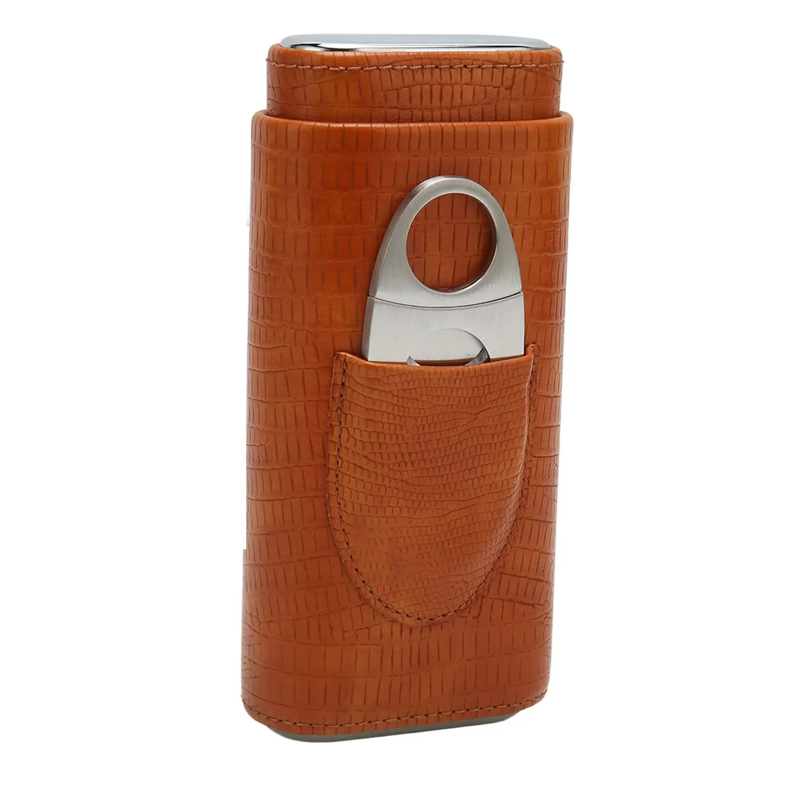 Portable 3-Finger Cigar Holder Box - Faux Leather & Cedar Wood Lining with Cutter for men - Brown