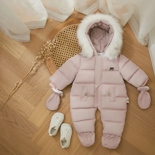 Winter Warm Baby Snowsuit Hooded Fur Fleece Bunting Infant Snow Wear Coat Romper Outwear Kids Girls