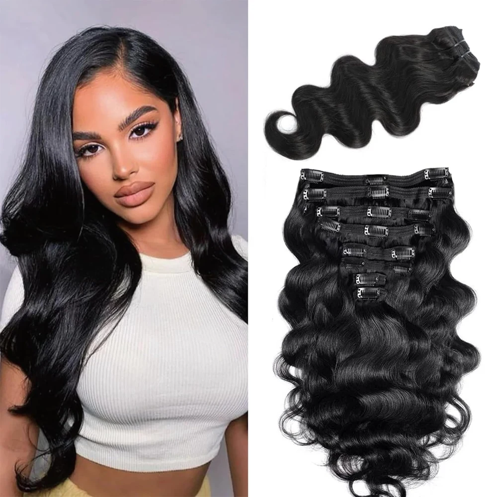 Body Wave Clip in ekstensi rambut 100% rambut manusia dengan Double Weft Brasil klip di 8Pcs 120G untuk hitam wanita klip Ins rambut # 1B