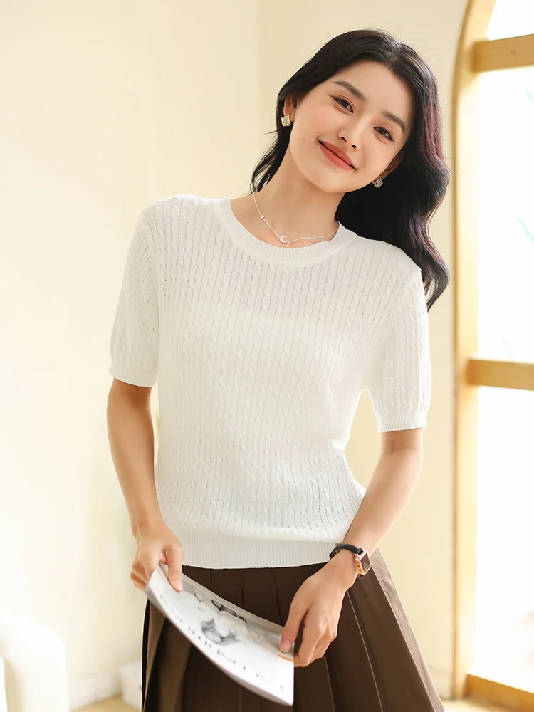 

Summer Women Pure Cotton Sweaters T-Shirts Short Sleeve O-neck Solid Twist Flower Knitwears Pullover Female Tops Spring