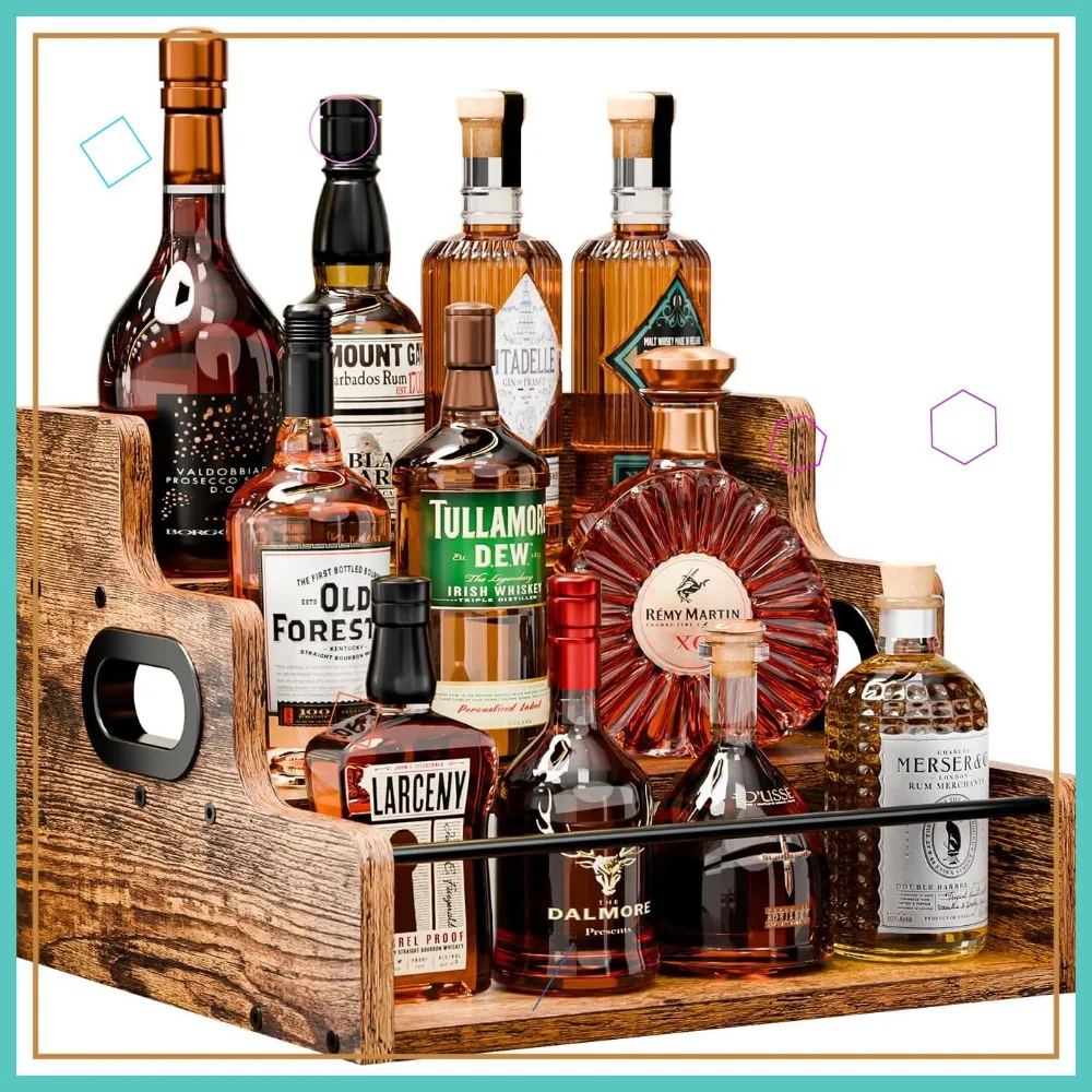 

3-Tier Wooden Liquor Bottle Display Shelf, Countertop Organizer for Wine and Bar Essentials