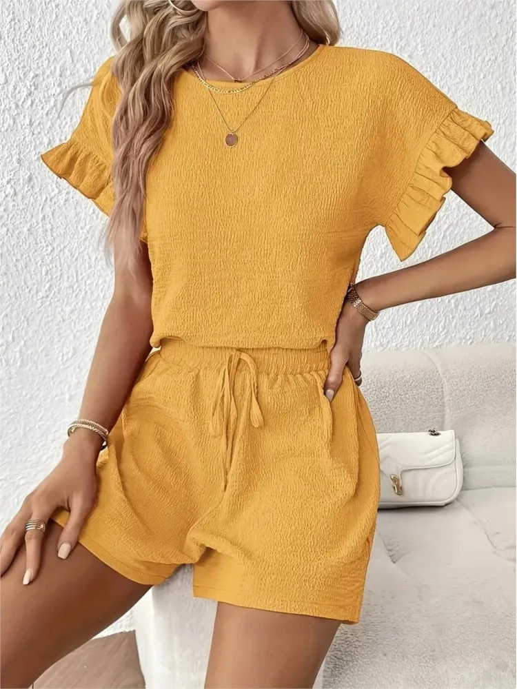 

Women's Fashion Solid Shorts Two Piece Sets Summer Casual O-neck Ruffle Short Sleeve Top And Drawstring Shorts Set Woman Clothes