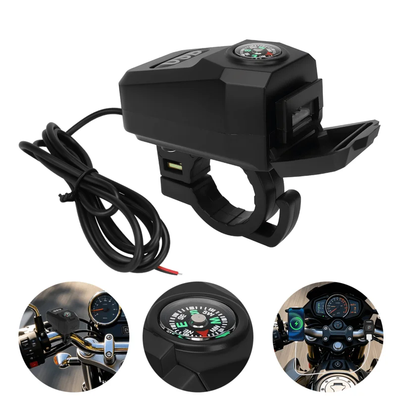 Motorcycle USB Socket QC3.0 Fast Charger Handle Style Multifunctional Portable Navigation Compass Voltmeter Power Supply Adapter