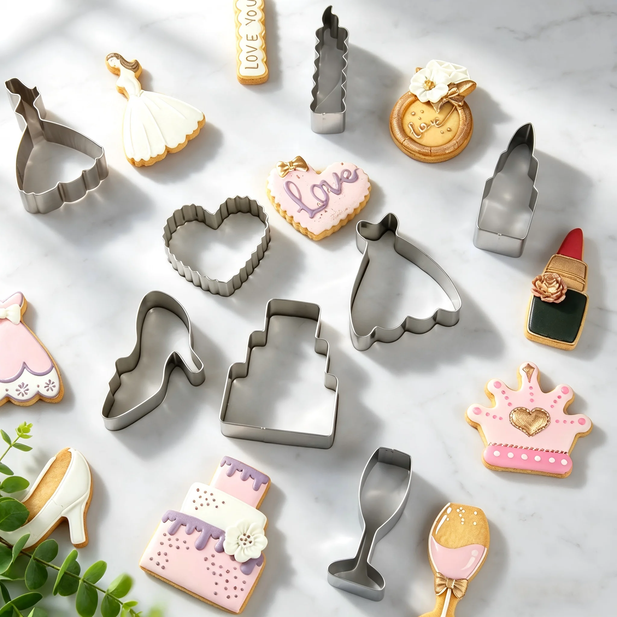 12PCS Wedding Cookie Cutter Set Stainless Steel Bride Groom Gown Ring Molds for Fondant Baking Engagement Valentine Party