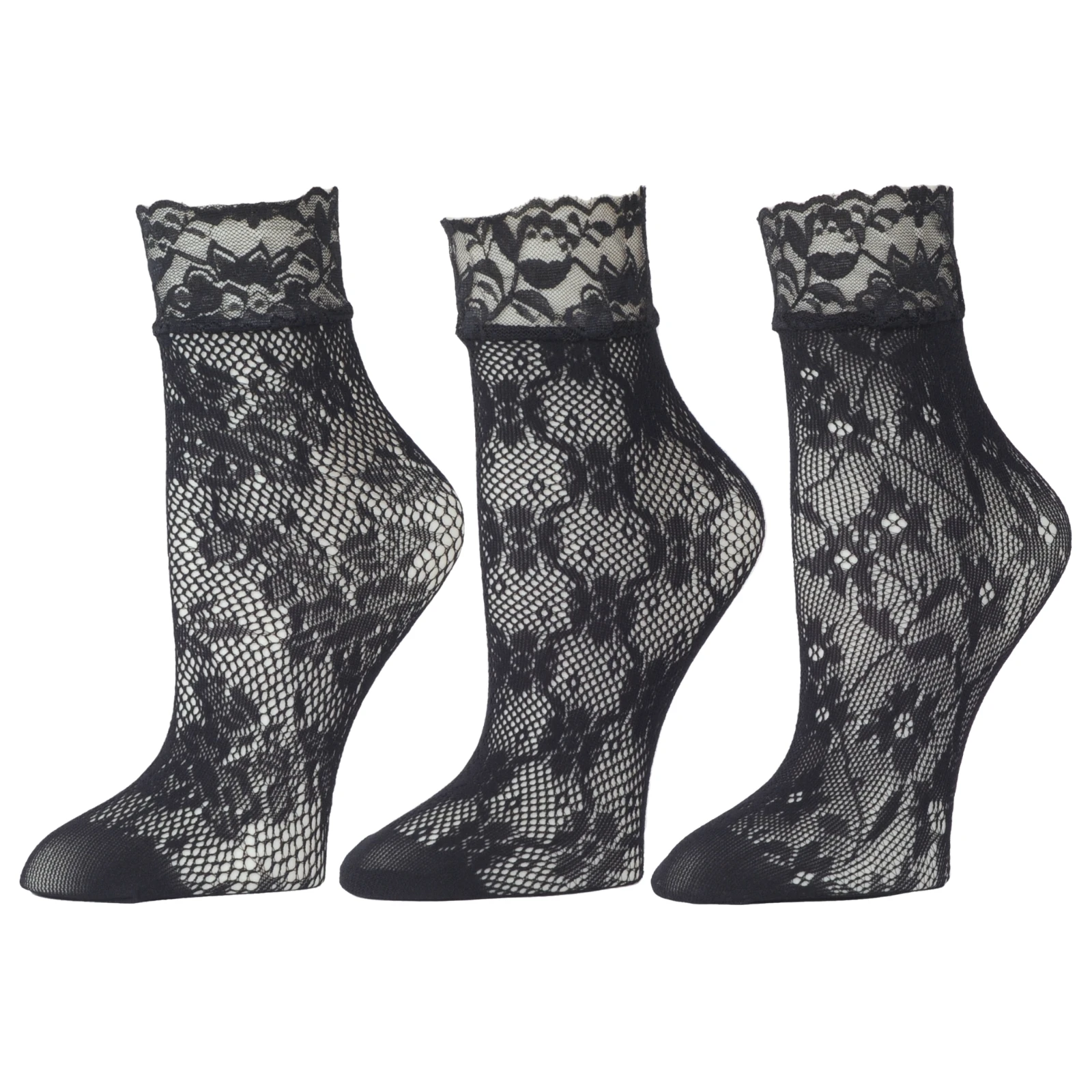 RMSWEETYIL 3 pares de calcetines de rejilla de encaje negro para mujer, calcetines tobilleros de red de pescado de encaje de nailon transparente sexis para mujer