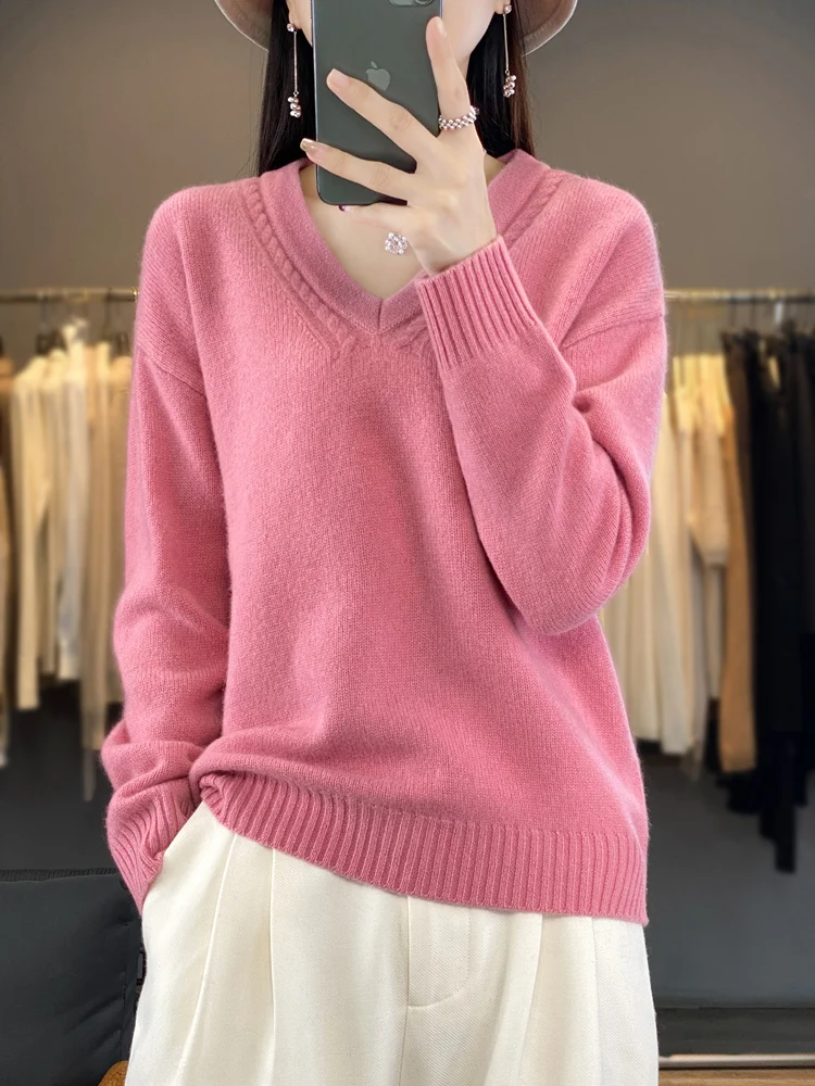 Basics Autumn Winter Women Sweater 100% Merino Wool V-Neck Knitwear Solid Casual Pullover Long Sleeve Soft Cashmere Clothes Tops