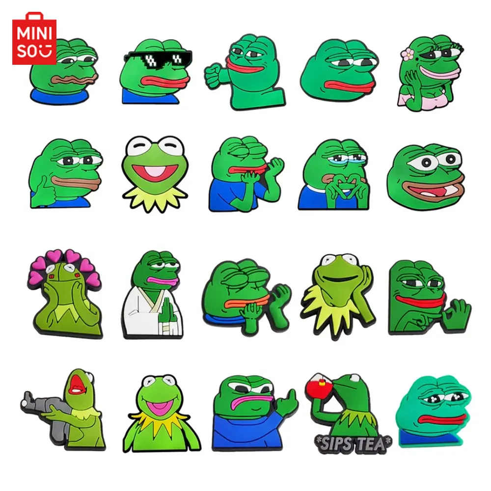 20pcs/set Sad Frog Shoes Charms MINISO Sandals Decoration PVC Cartoon Funny Shoe Accessories Charms for Friends Gifts