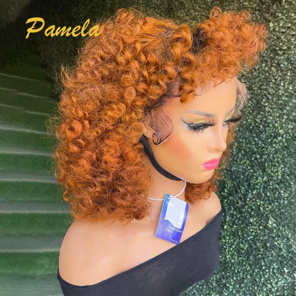 13x4 Ombre Ingwer Orange Kurze Bob Menschliches Haar Perücken Brasilianische 1b/orange Farbige Lockige 180% Dichte Spitze frontal Perücken Für Frauen