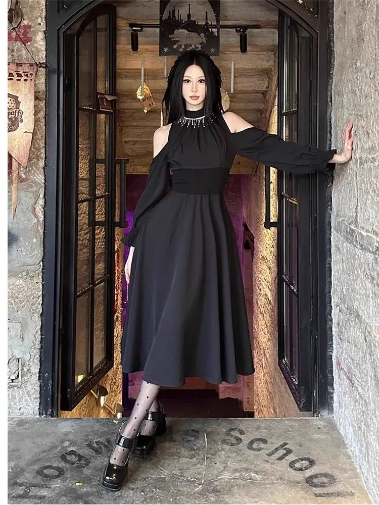 Retro Hepburn Sle Bla Dr Dames Herfst Winter Ele Long Sve High Ne Jurk oulder Bared voor loween