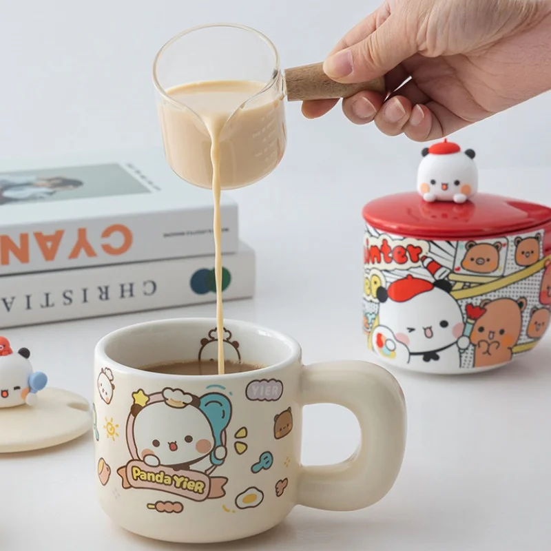 Anime Cute Panda Creative Ceramic Mug With Lid And Spoon Cartoon Print Breakfast Oatmeal Cup For Home Office Coffee Drinking