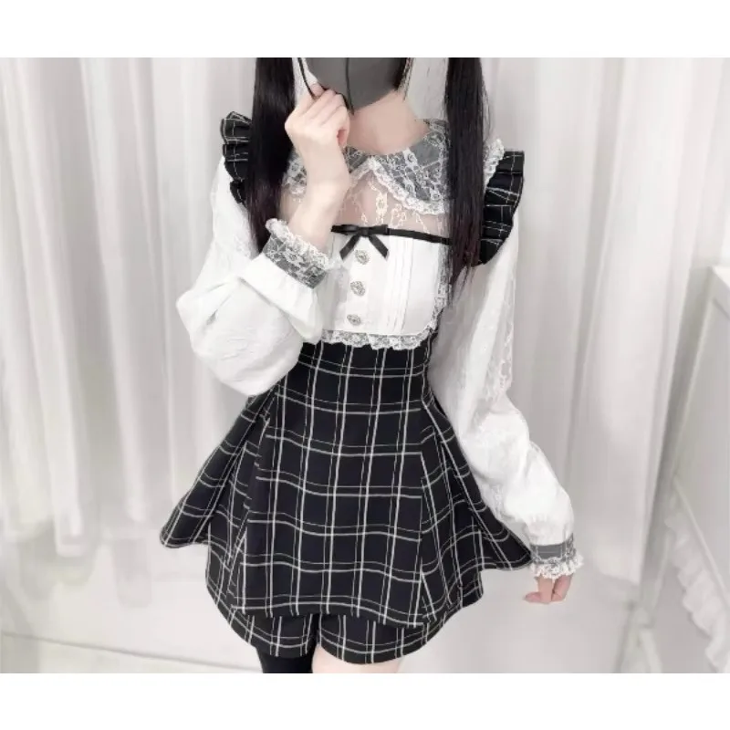 Women Gothic Y2K Lolita 2 Piece Set Lace Long Sleeve Plaid Dress and Shorts Slim Party Outfit
