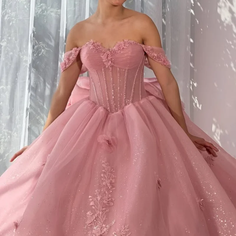 

Shiny Pink Quinceanera Dresses Off the Shoulder Sequin Crystal Decal 3D Flower Long tail Bow Vestido De 15 Quinceanera Customize