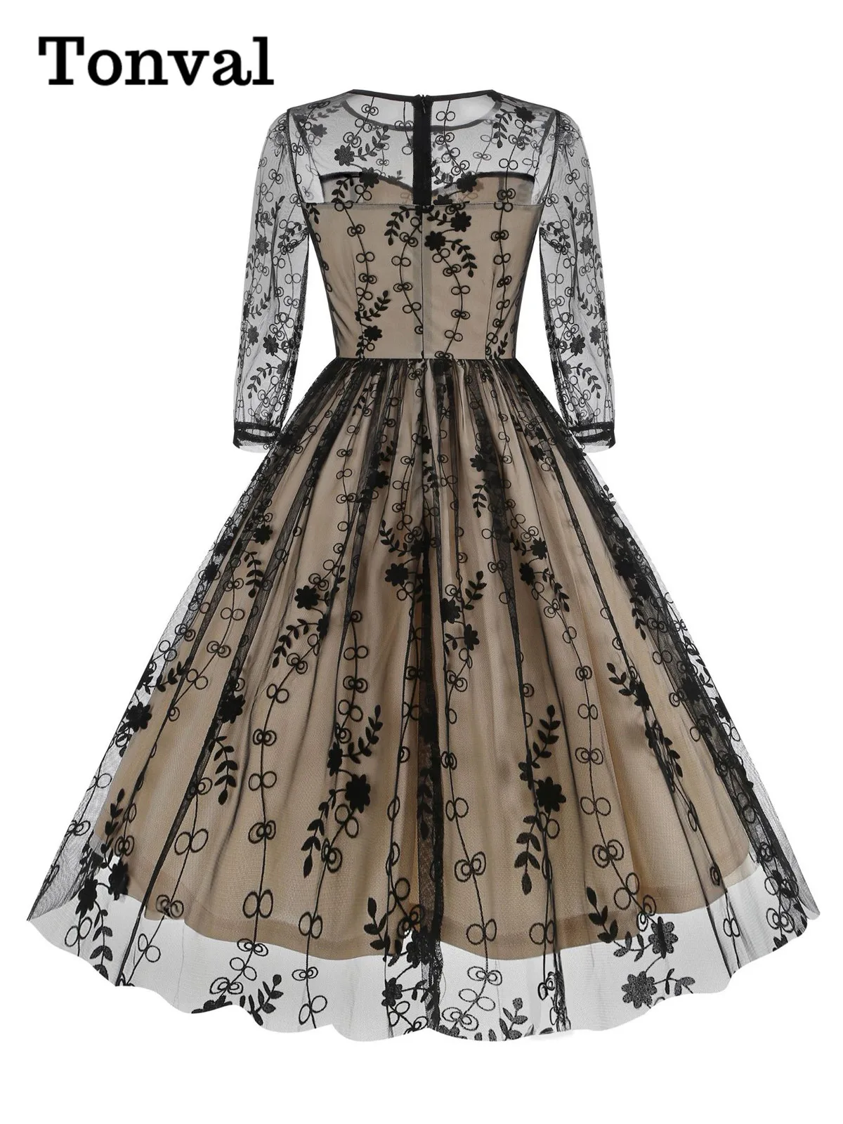 Tonval Floral Embroidered Mesh Overlay Elegant Banquet Party Women Dress 3/4 Length Sleeve Birthday Vintage Clothes Midi Dresses