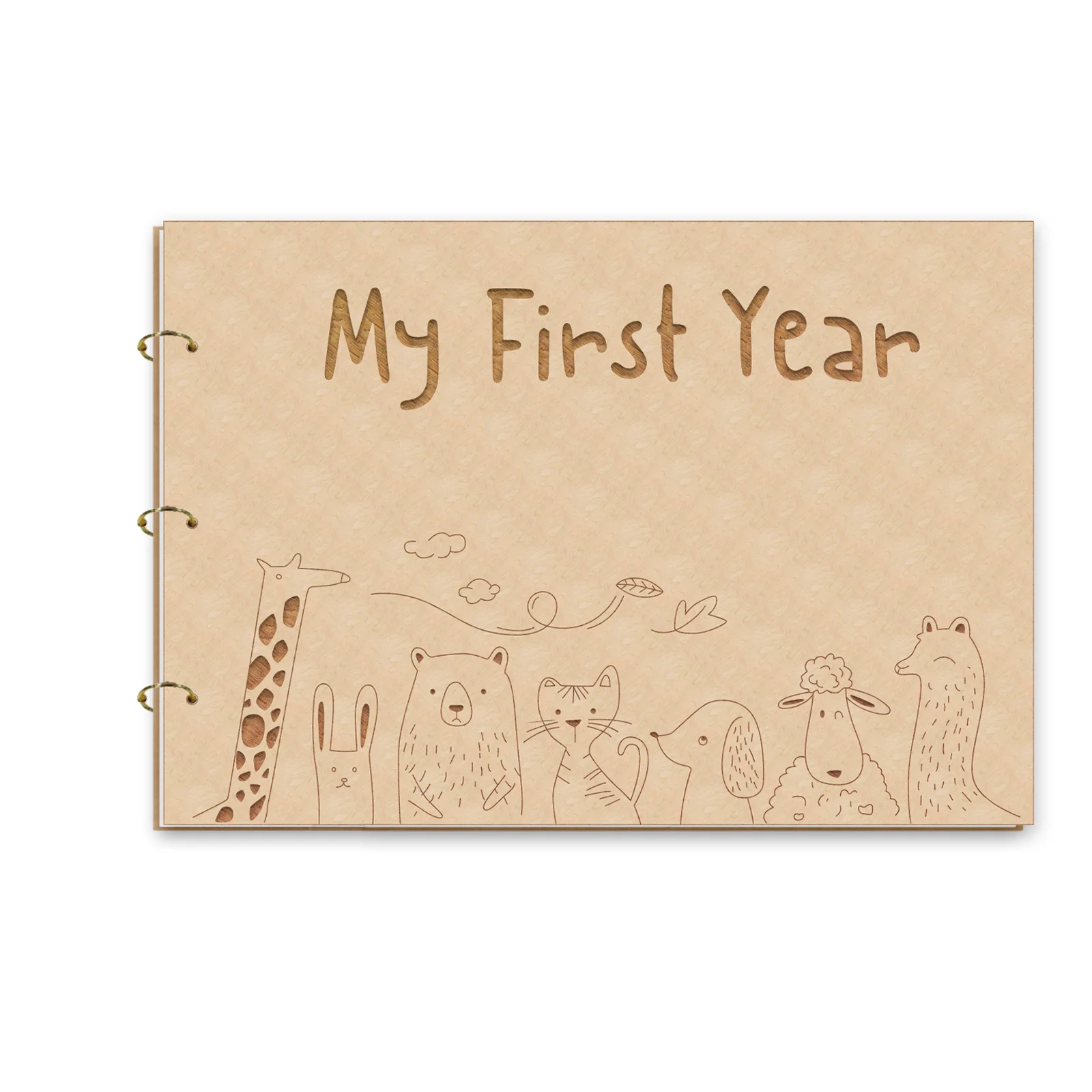

My First Year 3D Wooden Photo Album - Safari Animals Baby Memory Book, 20x15cm Keepsake with 20 Pages, Baby Shower Gift