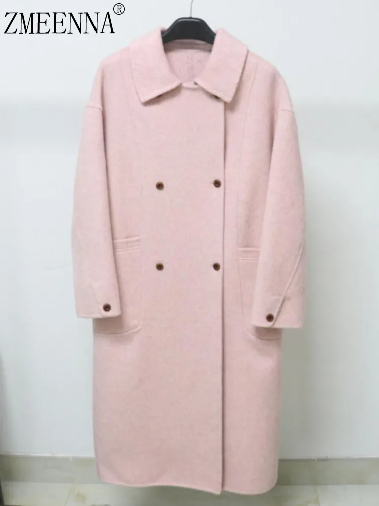 

ZMEENNA Pink Wool Blend Coat For Women With Double Breasted Buttons Lapel Collar Stylish Warm Winter Outerwear ZM4078