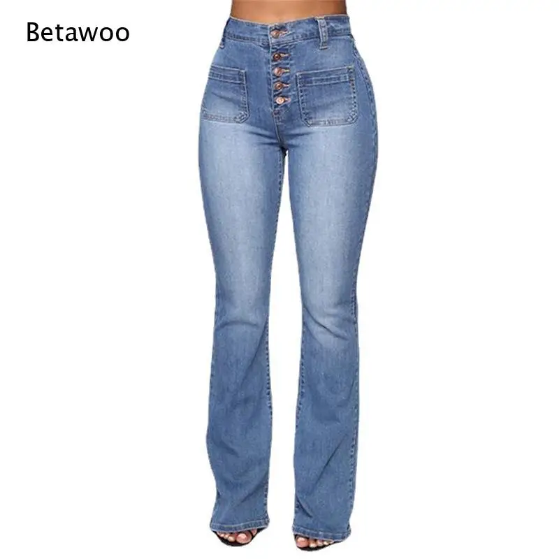 Women's High Waisted Flare Jeans Vintage Washed Button Fly Denim Pants Stretchy Slim Fit Bell Bottoms Casual Streetwear Trousers