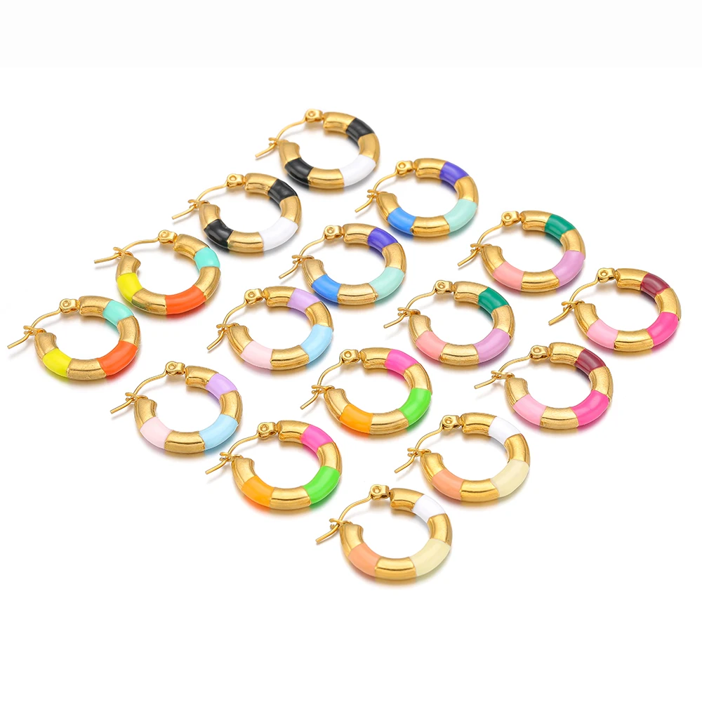 2pcs Stainless Steel Gold Plated Oval Wire Three Color Enamel Earrings Hoops for Jewelry Fashion Findings Supplies Wholesale