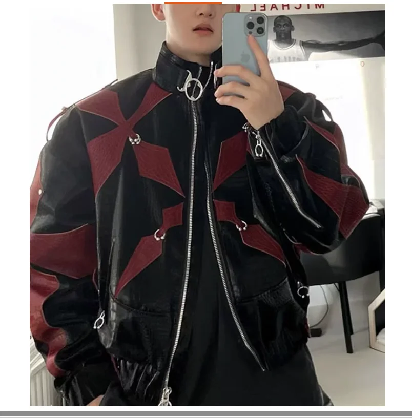 Black and red spliced crocodile pattern short jacket men's PU leather jacket deconstructs hip-hop motorcycle suit