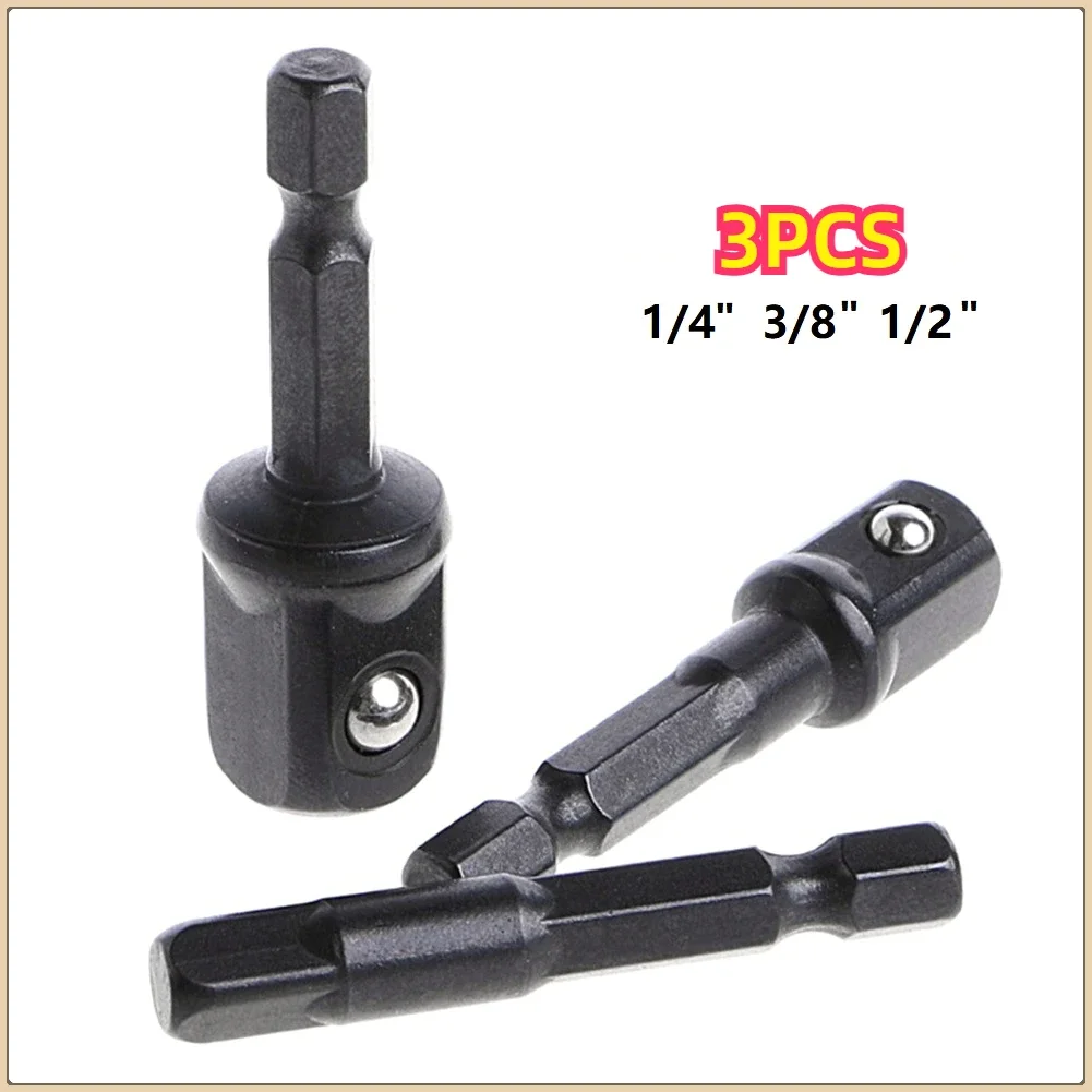 3pc Impact Socket Adapter 1/4 3/8 1/2 Inch Nut Driver Sockets Hex Shank Extension For Screwdriver Handle Tool