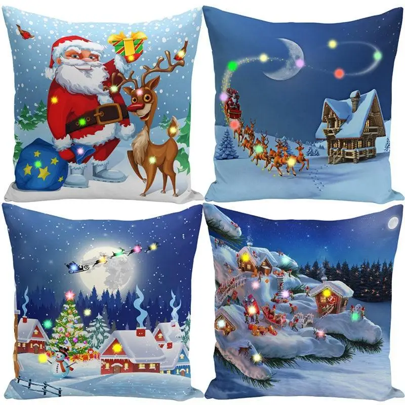 Newest LED Light Santa Claus Cushion Cover Merry Christmas Decoration Throw Pillow Home Square Pillowcase Sofa Cushion New Year