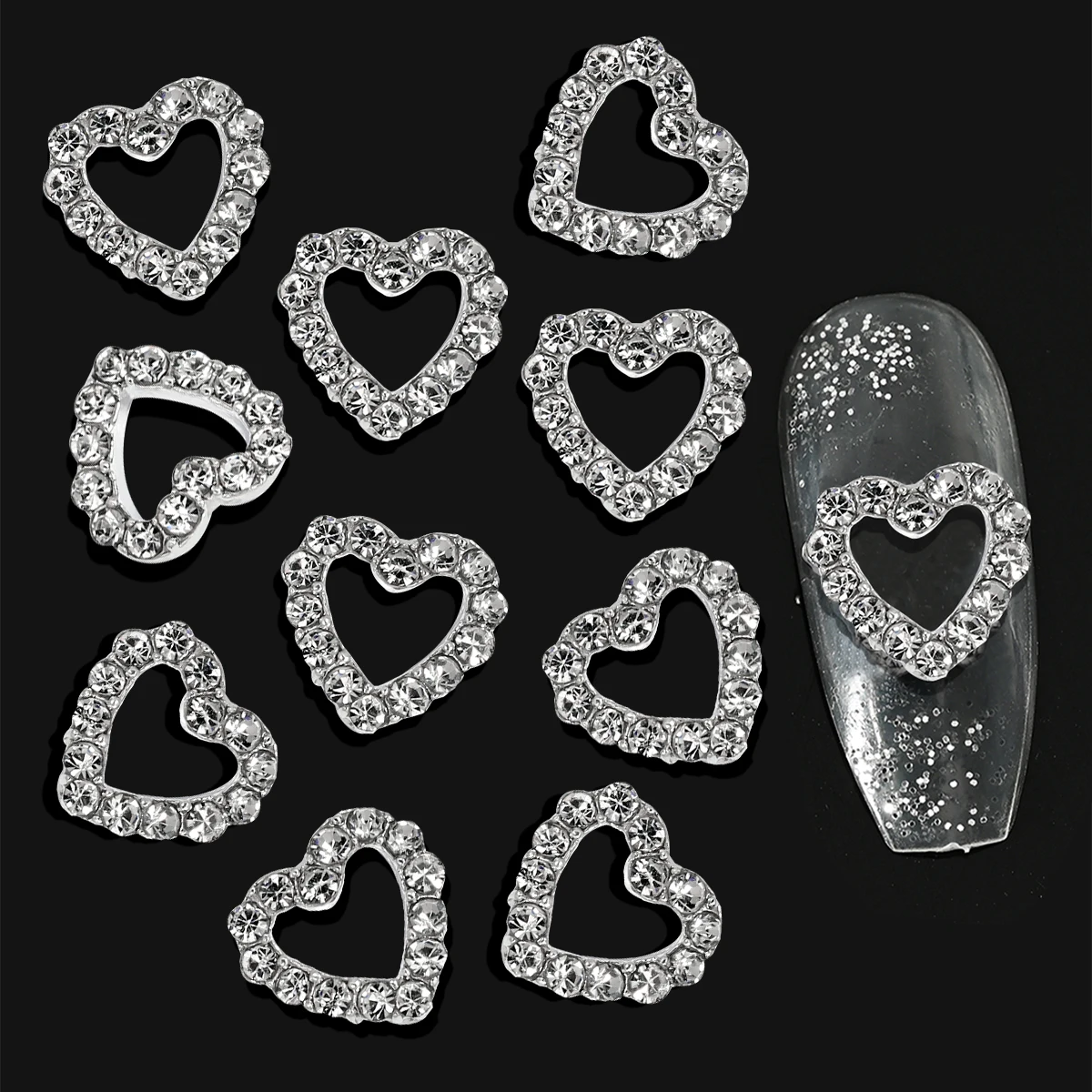 10 قطع من زينة الأظافر على شكل قلب مرصع بالألماس الفضي، إكسسوارات ثلاثية الأبعاد مجوفة من السبائك والكريستال لتزيين الأظافر