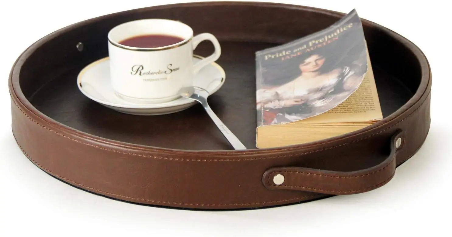 

Top Nocth Pu Leather Round Serving Tray, Decorative Serving Tray With Handles, Coffee Tray, Ottoman Tray For Home Or Office,