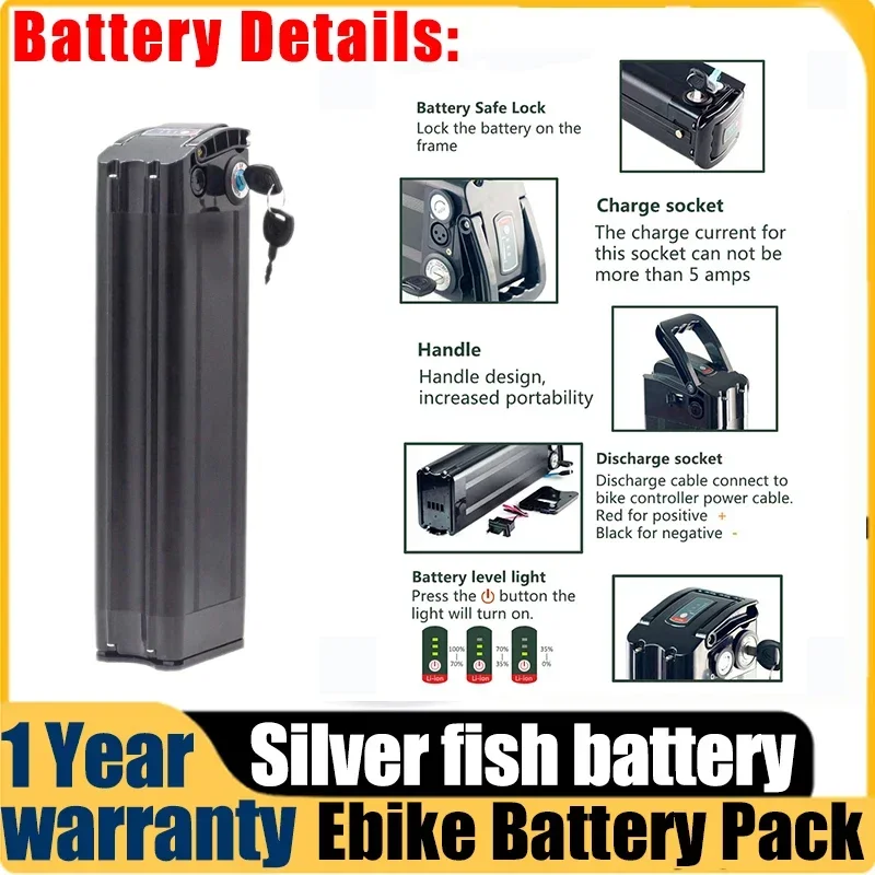 48V 20Ah 500W 1000W Electric Bike Lithium Battery Silver Fish Ebike for Samsung/LG cell Li-ion Battery With 30A BMS and Charger