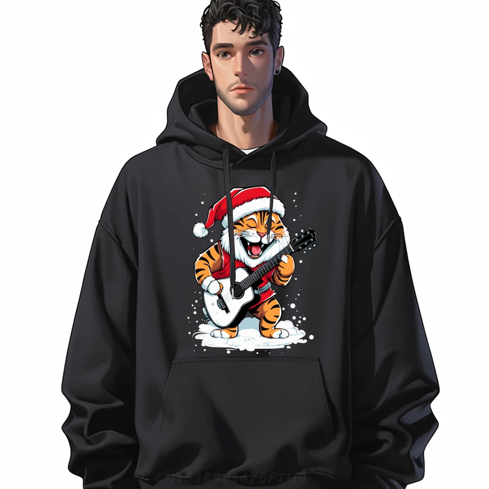 

Tiger Playing Guitar Christmas Santa Hat Tiger Lover Xmas Luxury Designer Men's Clothing Sweater