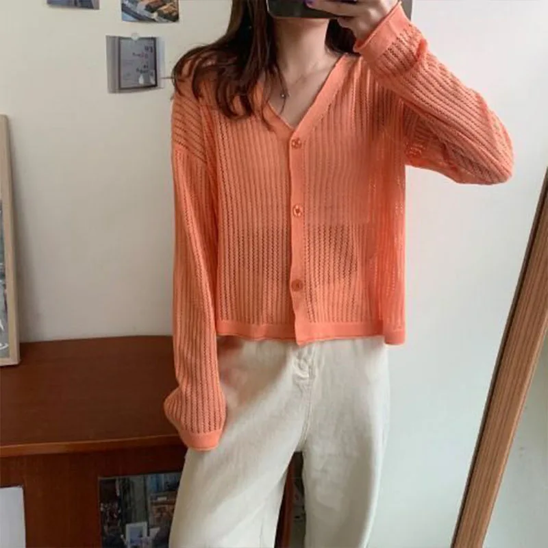 Women Clothing Fashion V-neck Hollow Out Long Sleeve Shirts Summer Casual Loose All-match Solid Blouses Thin Knit Sunscreen tops