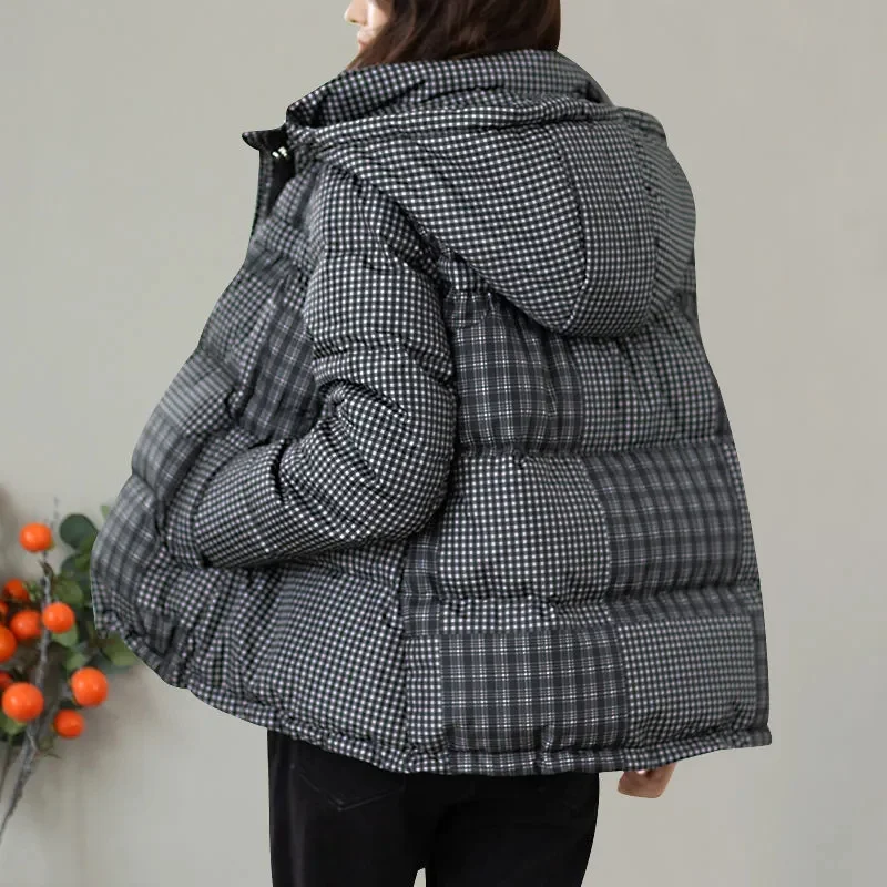 Short Down Jacket Women Winter Parka Plaid Hooded White Duck Down Coat Thick Warm Loose A-line Shape Oversize Overcoat Female