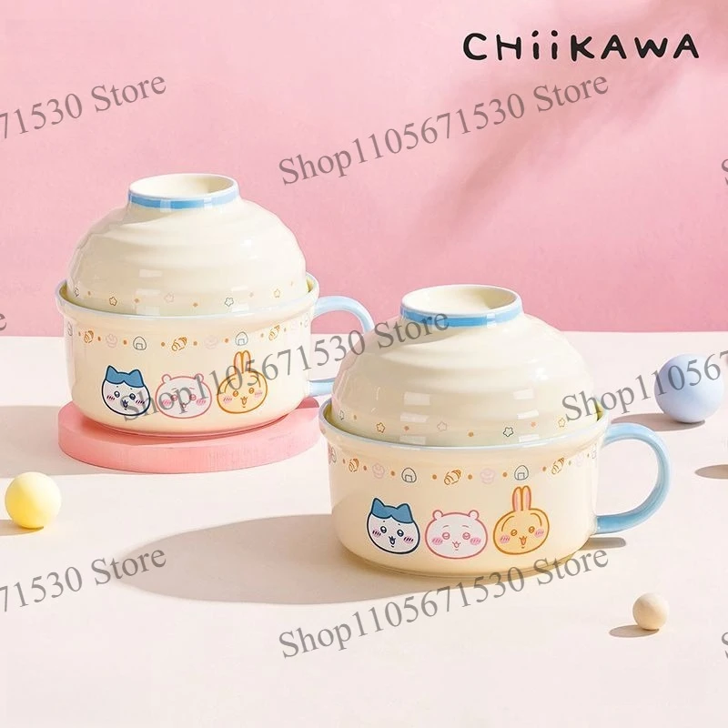 Kawaii Chiikawa Ceramic Noodle Bowl with Lid Large Size Handle Rice Bowl for Student Dorm Canteen Usagi Design Cartoon Lovely