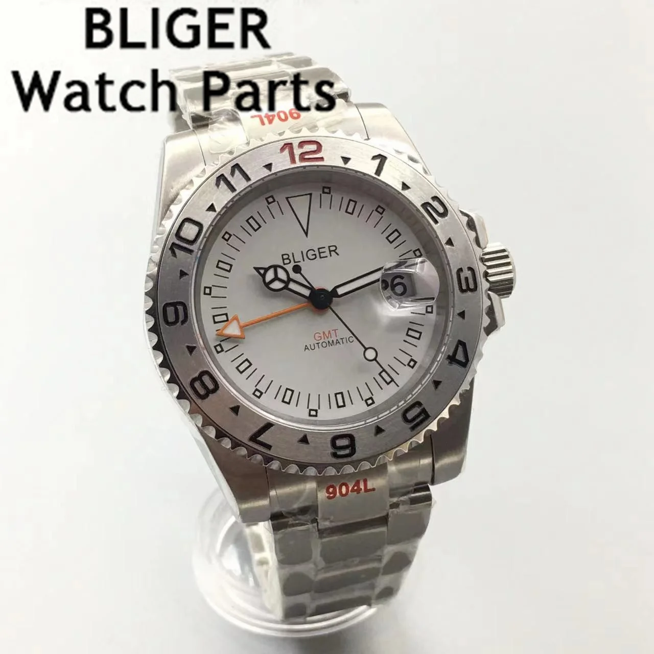 BLIGER 40mm NH34 GMT Automatic Mechanical Wristwatch Men Watch 3804 Movement White Black Dial Sapphire Stainless Steel 3 o'clock