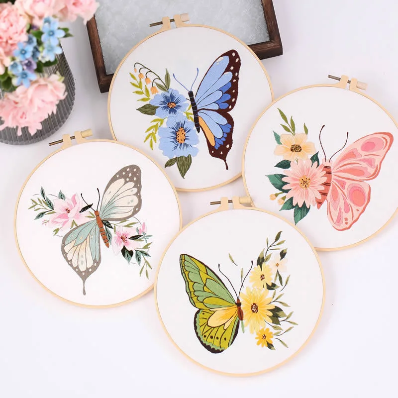 1PC Butterfly DIY Embroidery Kit Flower Landscape Embroidery Stitching Kits With Hoop Sewing Art Craft Needlework Cross Stitch