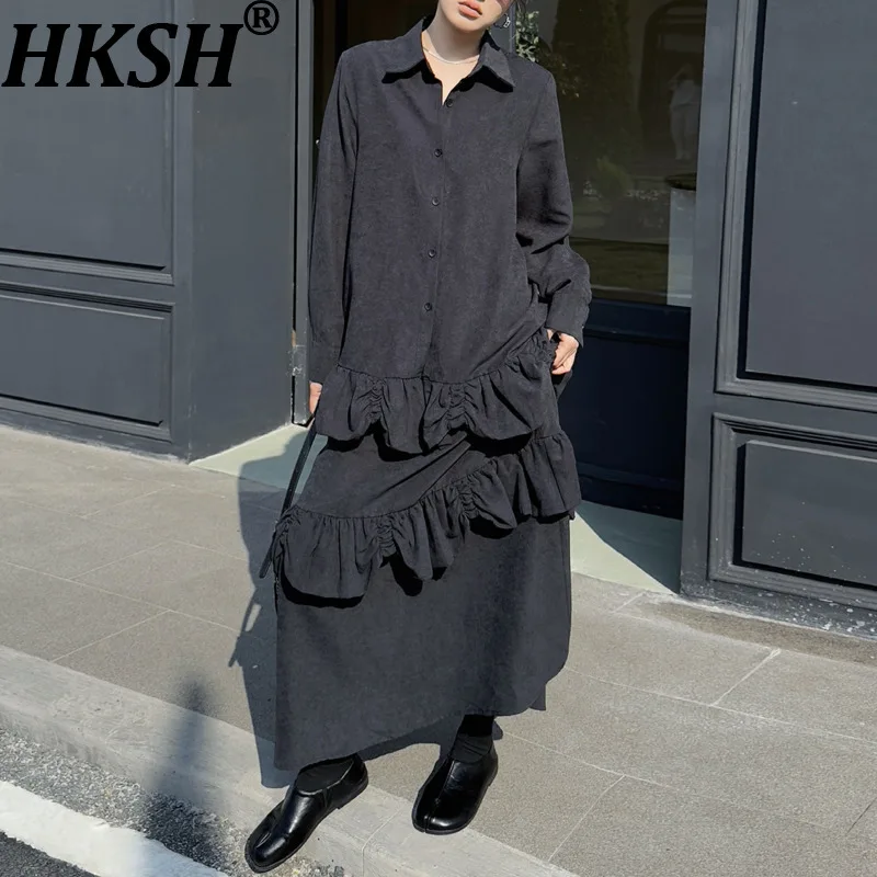 

Женский комплект HKSH из двух предметов: рубашка с отложным воротником, длинными рукавами, на пуговицах, с рюшами и шикарная юбка с оборками, весна-осень HK20134