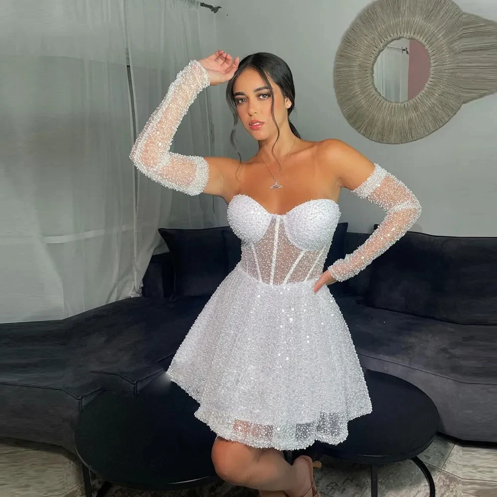

Sexy Women's Bridal Gowns Mini Dress Sweetheart Collar Sparkling Lace A-Line Princess Prom Wedding Dresses Formal Beach Party De