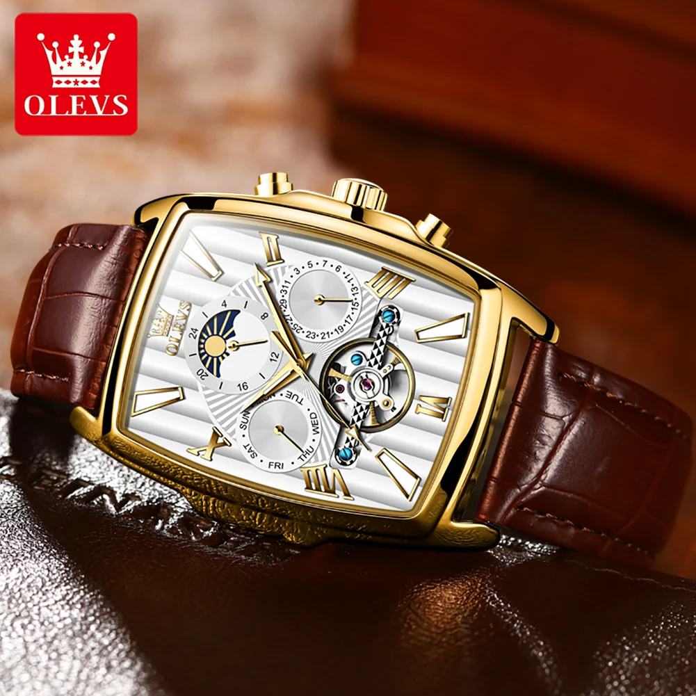 ساعة OLEVS 6675 للرجال بمينا مربع وهيكل عظمي وحزام جلدي مجوف مقاومة للماء ميكانيكية أوتوماتيكية