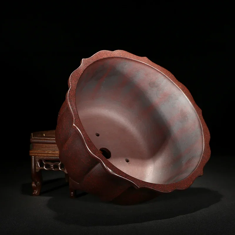 yesCeramic Carved Lotus Shape Bonsai Pot, Hand Chinese Preple, Sand Vase, Home Table, Garden, Table Decoration