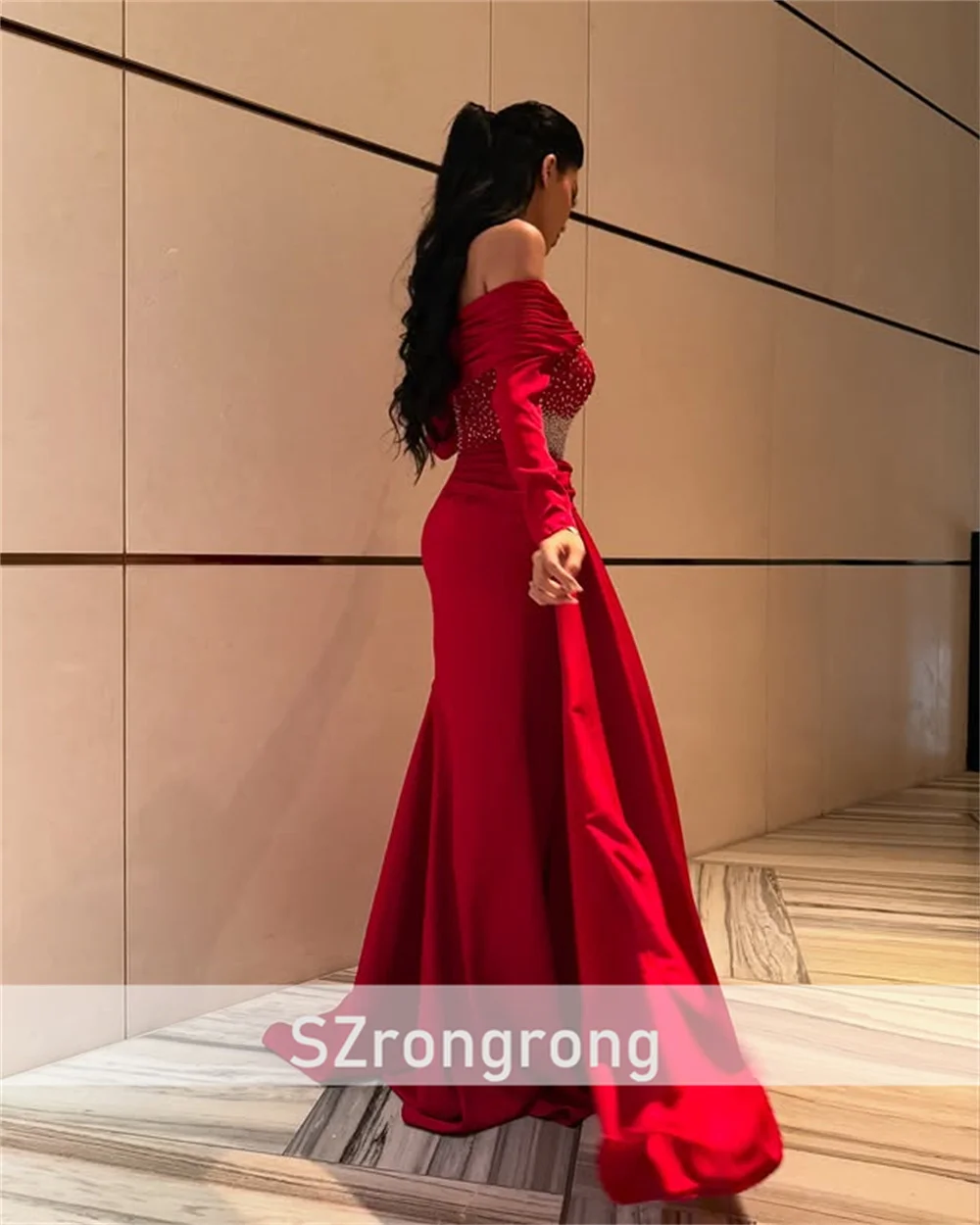샤론 사우디 뉴 스타일 여성용 새틴 이브닝 드레스 긴팔 크리스탈 시스 백리스 롱 프롬 가운 스윕 코트 맞춤 제작