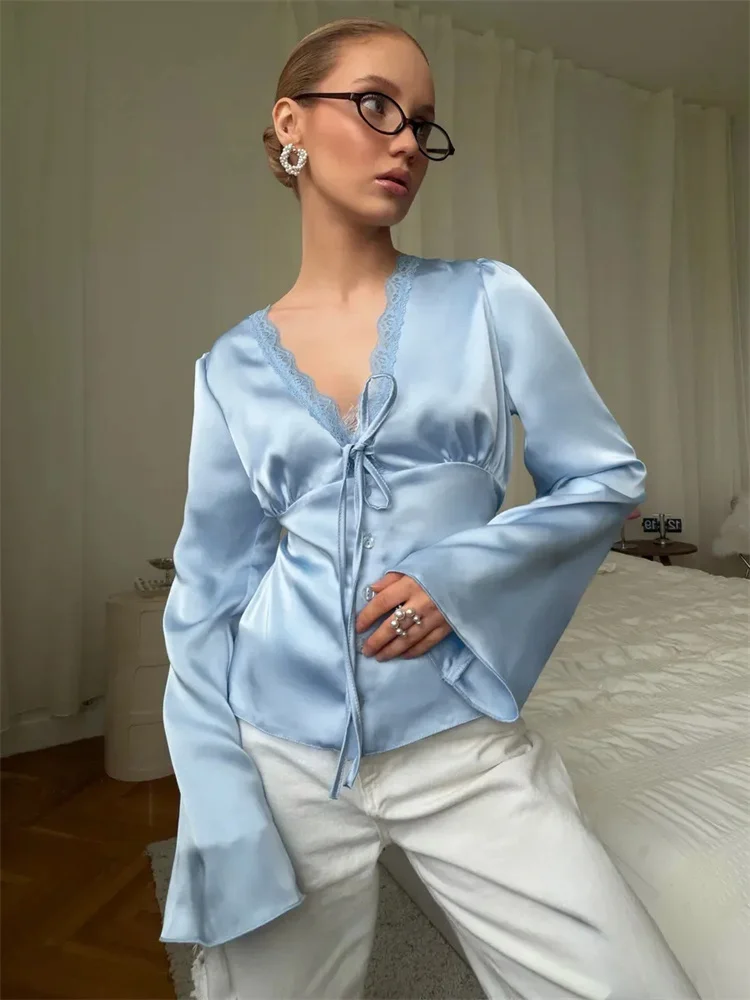 Lace Satin Lace-Up Vest Top Women Patchwork Fashion Long Sleeve Commute Loose Summer Tank Top Female Bandage V-Neck Top 2026 New