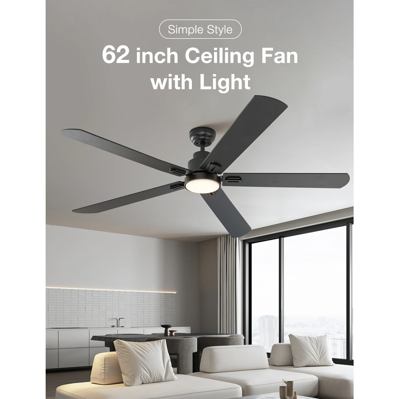 62Iinch (5-Blade) Black Ceiling Fans with LED Lights and Remote Control