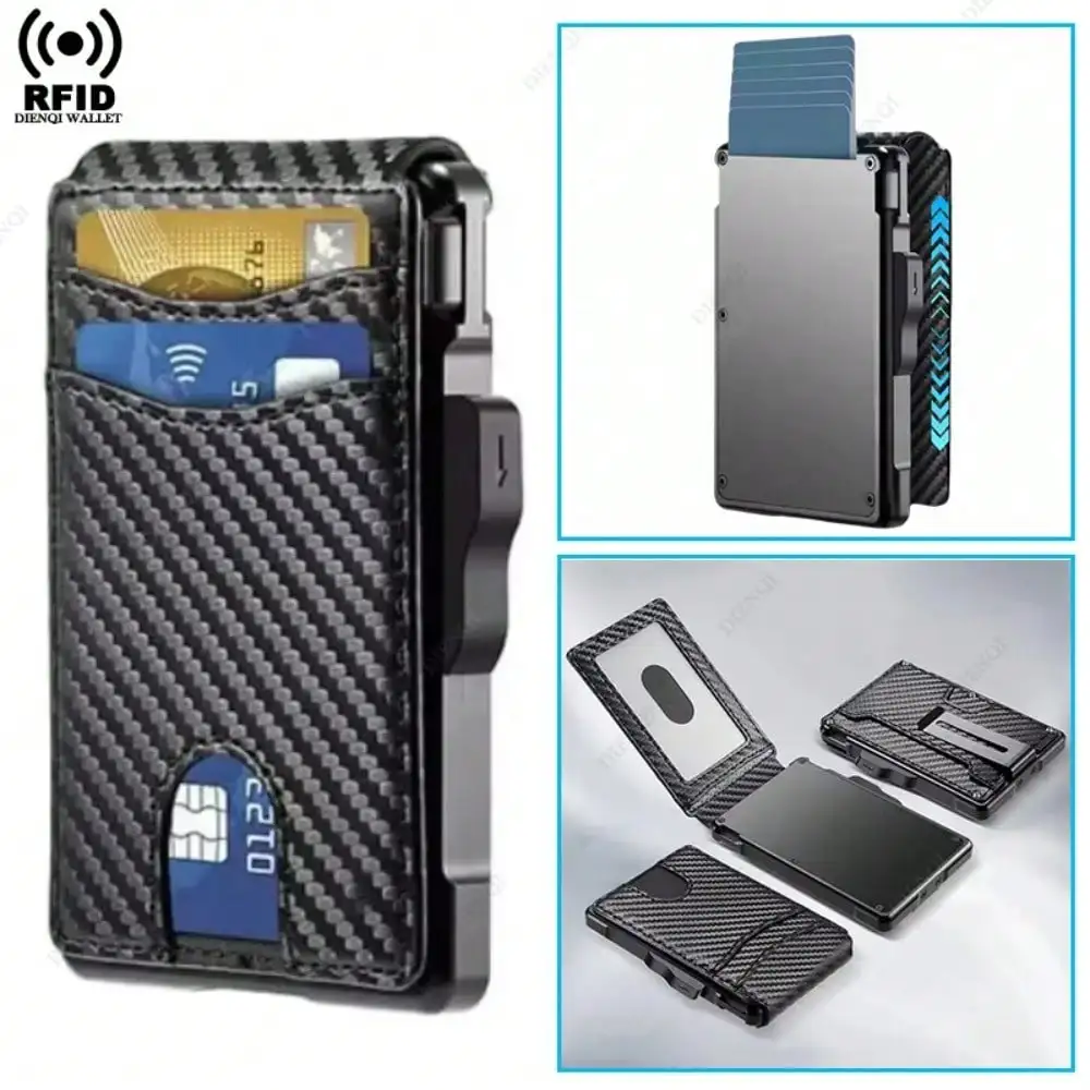 

Кошелек из углеродного волокна с защитой от RFID, алюминиевый смарт-кошелек, выдвижной держатель для ID и кредитных карт, металлический кошелек-зажим для денег, мужской кошелек-бифолд.