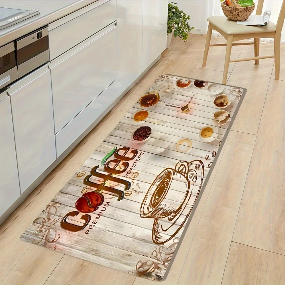 Retro White Wood Grain Coffee Cup Bean Print Runner Rug, Non-Slip Rug for Kitchen, Entryway, Bathroom & Living Room Cafe Decor